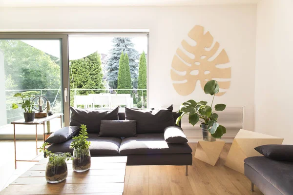 Stilfuld Stue Med Komfortabel Sofa Grønne Planter - Stock-foto