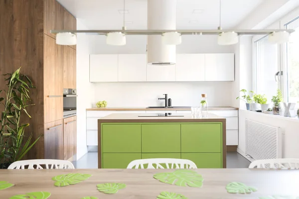 スタイリッシュでモダンな白と緑のキッチン インテリア — ストック写真