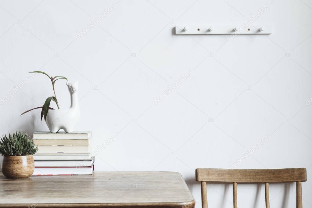 The white interior with copy space, books, vintage accessories and lama pot. Minimalistic concept of home interior.