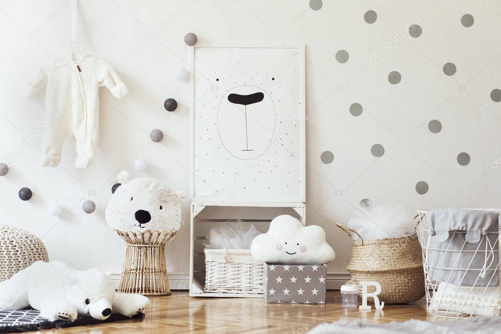 Light children room in scandinavian style with drawing in frame on wall 