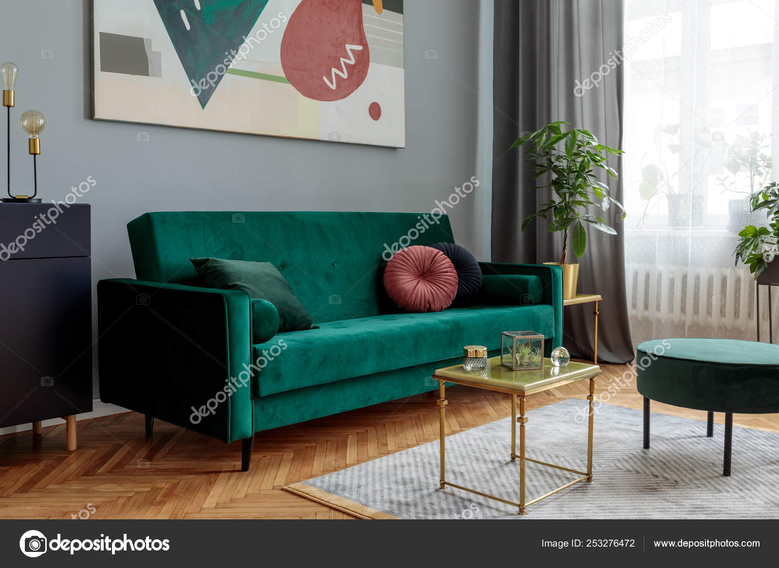Green Sofa Grey Walls | Baci Living Room