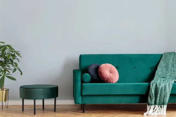 Minimalistic Home Interior Green Velvet Design Sofa Pouf Tropical Plant Royalty Free Stock Photos