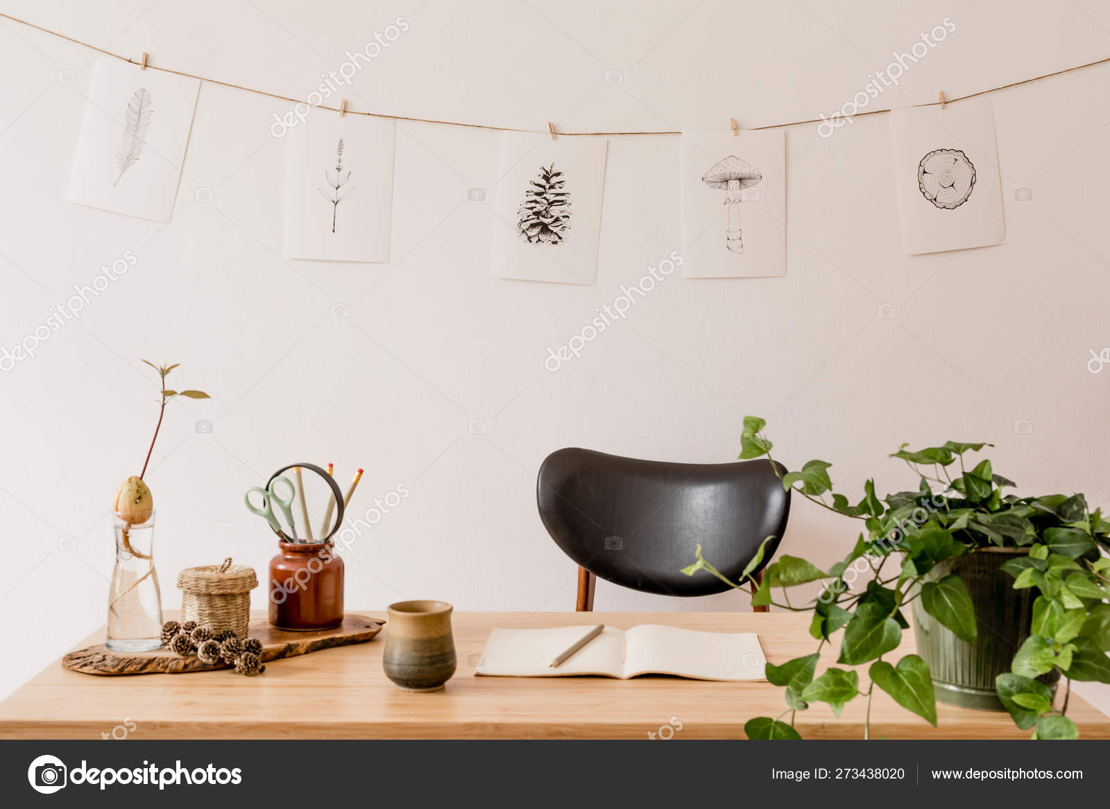 Scandinavian Interior Home Office Space Wooden Desk Design Chair Forest  Stock Photo by ©Followtheflow 273438020