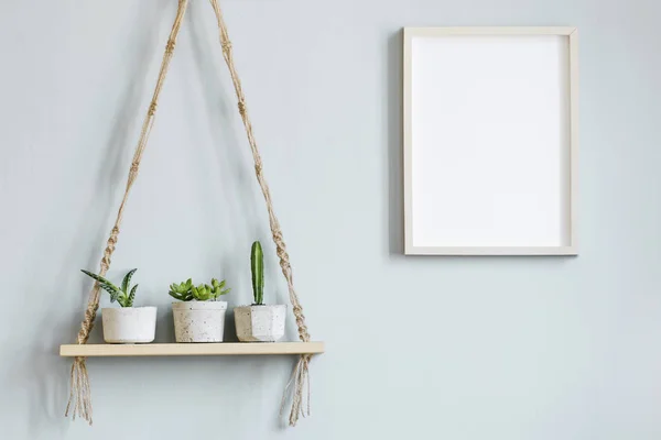 Stylish Minimalistic Scandinavian Interior Mock Poster Frame Hanging Wooden Shelf — Stock Photo, Image