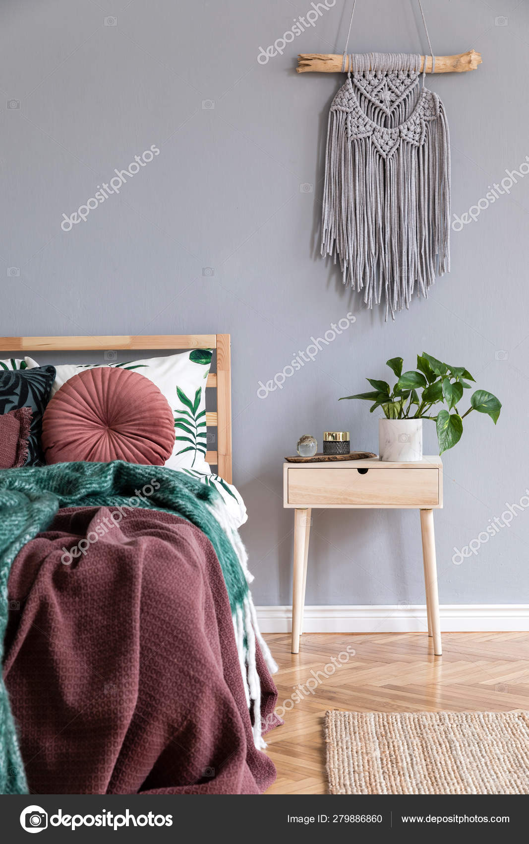 Luxury Interior Bedroom Design Wooden Night Table Gray