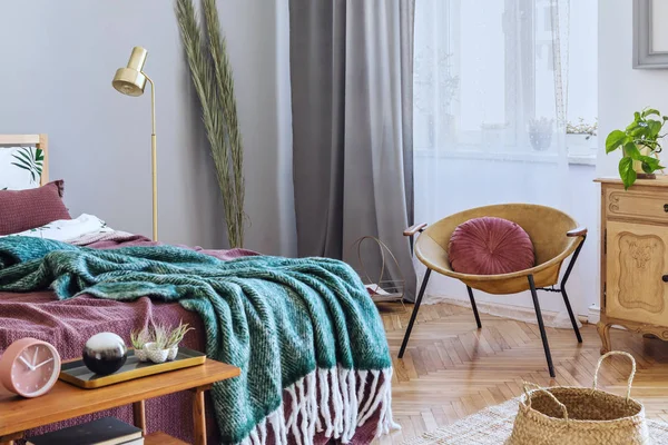 Stylowe Luksusowe Wnętrze Sypialni Designerami Mebli Miód Żółty Fotel Szary — Zdjęcie stockowe