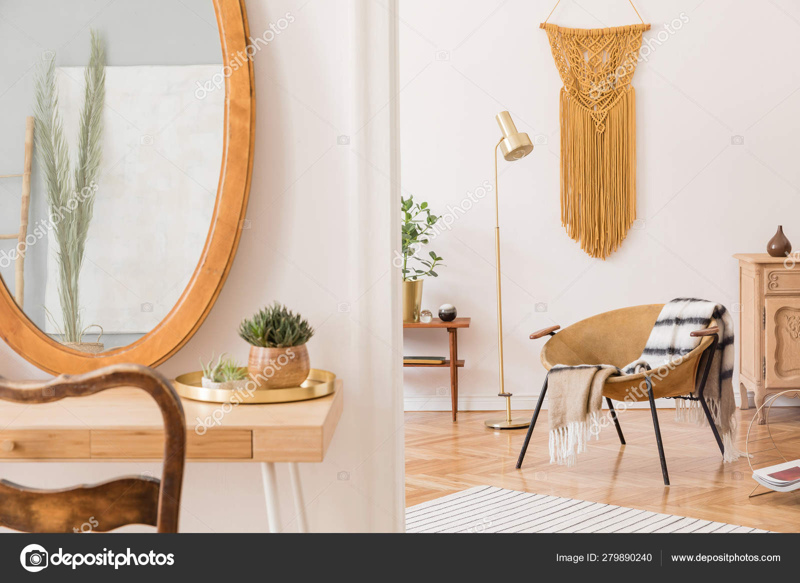 Stylish Cozy Scanidnavian Interiors Apartment Big Mirror Dressing Table Gold Stock Photo C Followtheflow 279890240