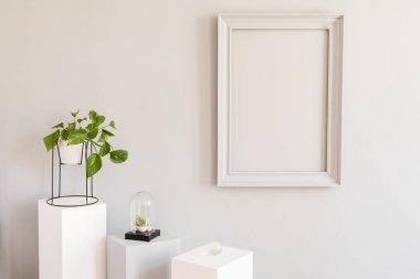 Gri poster çerçevesi, şık aksesuarlar ve tencere bitkiler ile beyaz ve gri kaideler kadar sahte şık ve tasarım ev dekorasyonu. Eklektik ve minimalist oda iç. Şablon. Boş.
