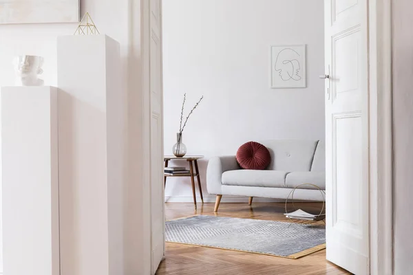 Modern Scandi Interieur Van Woonkamer Met Design Grijze Bank Retro — Stockfoto