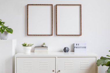 Kitaplar, güzel bitkiler, stand ve ev aksesuarları ile beyaz rafta iki kahverengi ahşap sahte fotoğraf çerçeveleri ile şık ev iç. Beyaz oda dekor minimalist kavramı.