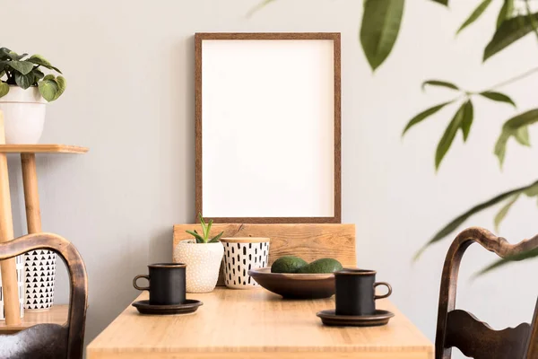 Stylish Sunny Interior Kitchen Space Wooden Table Brown Mock Photo — Stock Photo, Image