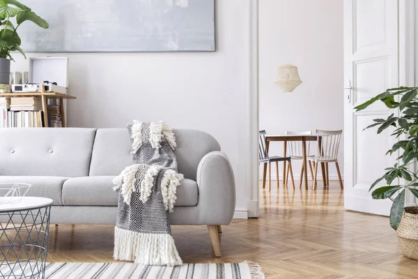 Modern Scandianvian Ruang Tamu Dengan Desain Sofa Dengan Selimut Elegan — Stok Foto
