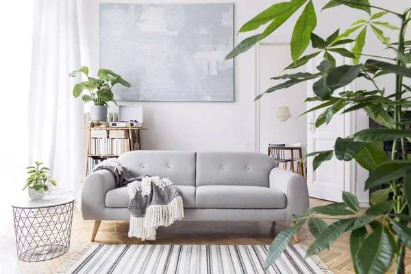 Stylish Scandianvian Decor Living Room Design Sofa Elegant Blanket Coffee — Stock Photo, Image