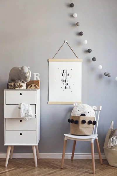 Quarto Infantil Escandinavo Com Quadro Cartaz Simulado Parede Cinza Cômoda — Fotografia de Stock