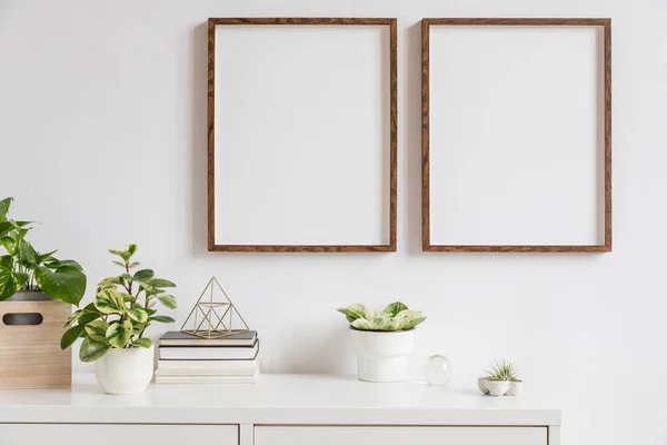 Elegant Home Interior Two Brown Wooden Mock Photo Frames White — Stock Photo, Image
