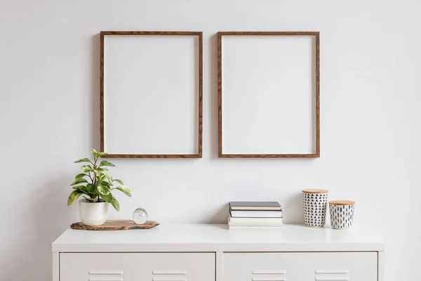 Minimalistic Home Decor Interior Two Brown Wooden Mock Photo Frames — Stock Photo, Image