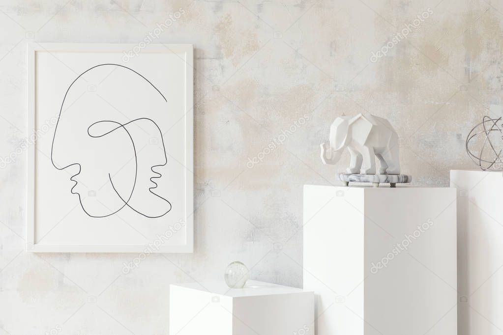 Stylish and minimalistic interior with white stands , mock up poster frame, elephant sculpture, geometric figure. Modern room with design accessories. Eclectic home decor. Abstract wiped walls. 