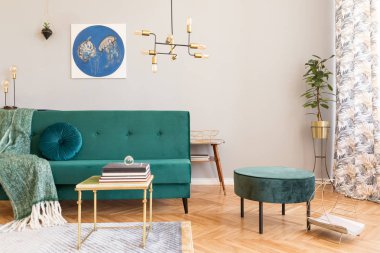 Tasarım yeşil kadife kanepe, bitkiler, tasarım mobilya ve kolye lamba ile oturma odası şık ve minimalist ev iç. Gri duvarda organik boyama. Kahverengi ahşap parke. 