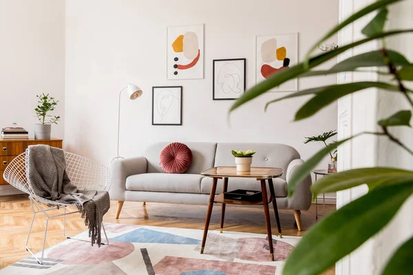 Minimal Retro Interior Design Living Room Grey Couch Design Armchair — Stock Photo, Image