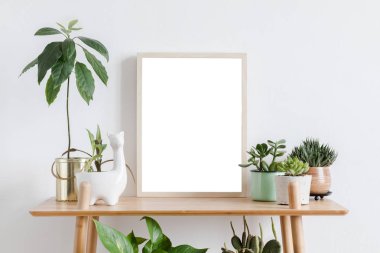 Farklı hipster ve tasarım kapları güzel bitkiler ile kahverengi bambu rafta fotoğraf çerçevesi kadar sahte şık oda iç. Beyaz duvarlar. Rafların modern ve çiçek konsepti.