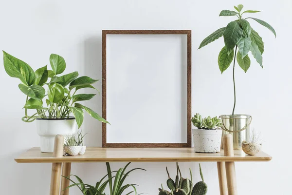 Scandinavian Room Interior Mock Photo Frame Brown Bamboo Shelf Beautiful Royalty Free Stock Images