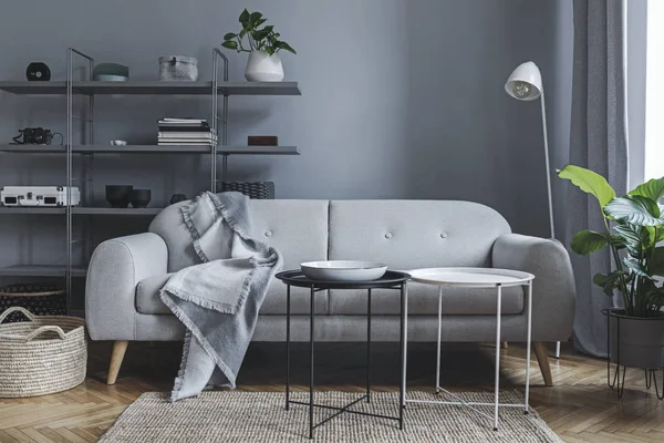 Elegante Soggiorno Nordico Con Divano Design Con Elegante Coperta Tavolino — Foto Stock