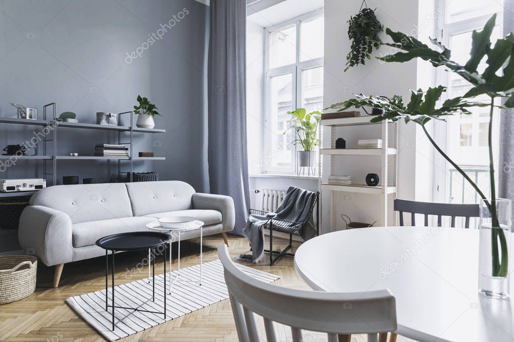 Home nordic living room with design sofa, family table, plants, bookstands with elegant accessories. Brown wooden parquet. Concept of minimalistic interior.