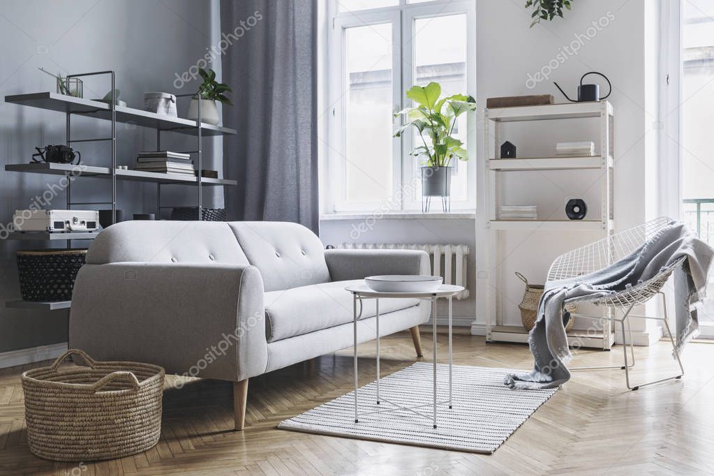 Modern and bright nordic living room with design sofa, coffee table, plants, stylish accessories and bookstand on the grey wall. Brown wooden parquet. Concept of minimalistic interior.