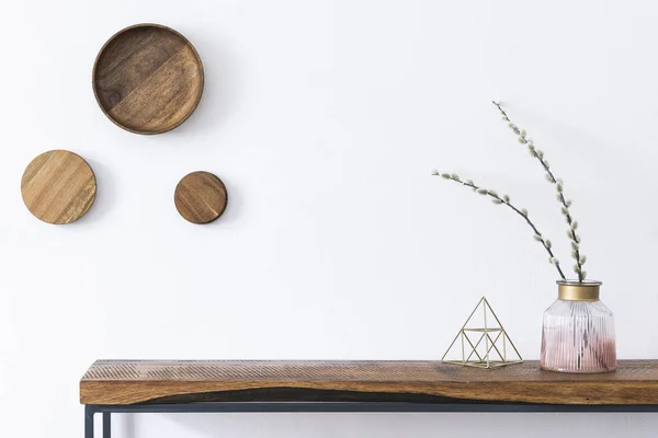Stylish Modern Scandinavian Room Interior Wooden Console Rings Wall Beautiful — Stock Photo, Image