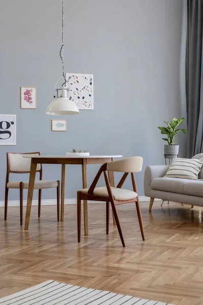 Design scandinavian home interior of open space with stylish chairs, family table wooden commode, gray sofa, accessories and mock up posters gallery wall. Gray background walls. Retro cozy home decor.