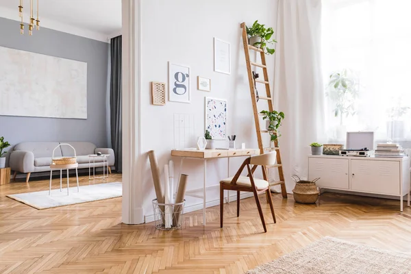 Design Scandinavian Interior Home Space Stylish Chair Wooden Desk Ladder — Stock Photo, Image