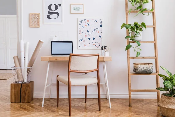 Diseño Escandinavo Interior Espacio Para Hogar Con Silla Elegante Escritorio — Foto de Stock