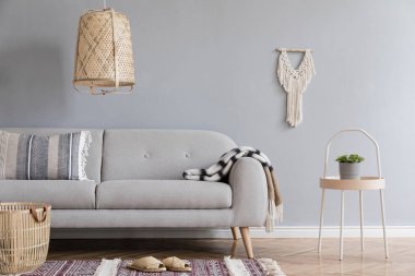 Gri kanepe ve zarif aksesuarları ile oturma odası şık ve tasarım ev iç. Şık ev dekorasyonu. Şablon. Gri duvar