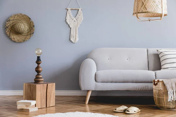 Elegante Design Home Interior Sala Estar Com Sofá Cinza Acessórios — Fotografia de Stock