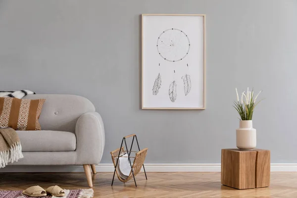 Elegante Design Home Interior Sala Estar Com Sofá Cinza Acessórios — Fotografia de Stock