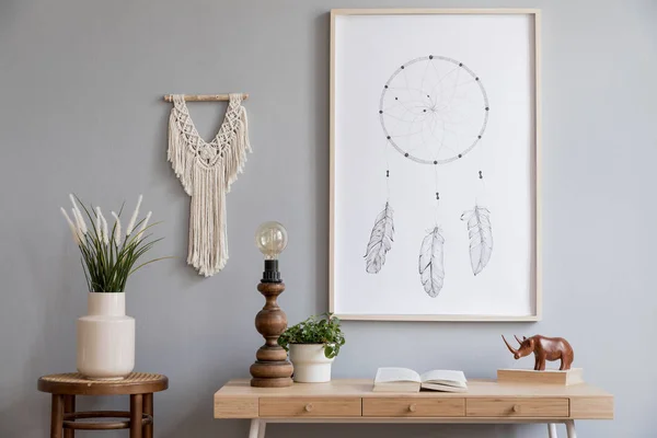 Elegante Boho Concepto Sala Estar Con Marco Póster Simulada Escritorio — Foto de Stock