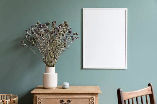 Composição Elegante Minimalista Sala Estar Com Moldura Mock Branco Prateleira — Fotografia de Stock