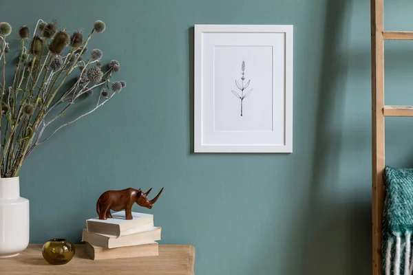 Stijlvolle Minimalistische Samenstelling Van Woonkamer Met Witte Mock Frame Houten — Stockfoto