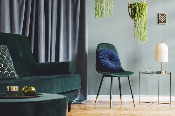 时尚豪华的客厅室内设计 配有绿色天鹅绒椅 挂金花坛 植物和典雅的配饰 现代家居装饰 — 图库照片