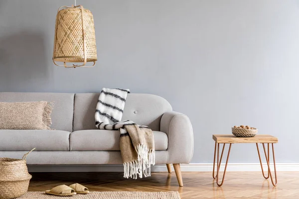 Stylish Design Home Interior Living Room Gray Sofa Wooden Coffee — стоковое фото