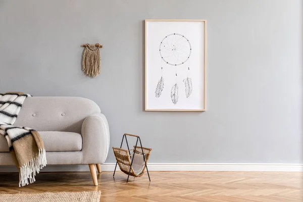 Elegante Diseño Interior Casa Sala Estar Con Sofá Gris Mesa — Foto de Stock