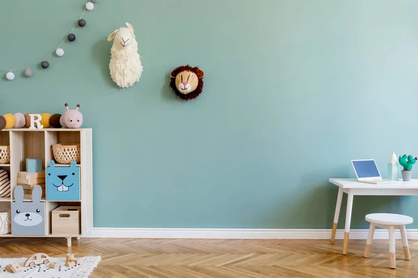 Interior Design Scandinavian Childroom Wooden Cabinet Mint Armchair White Desk — Stock Photo, Image