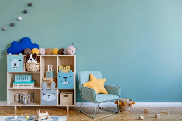 Scandinavian Nursery Room Wooden Cabinet Mint Armchair Natural Teddy Bears — Stock Photo, Image