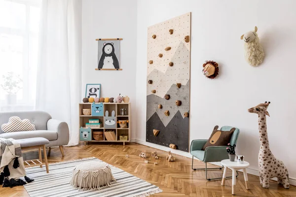 Stylish Scandinavian Interior Design Childroom Gray Sofa Modern Climbing Wall — Stock Photo, Image