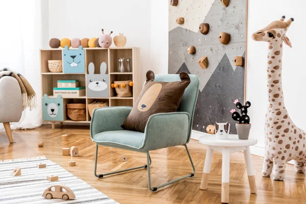 Modern Scandinavian Interior Design Childroom Mint Armchair Climbing Wall Kids — Stock Photo, Image