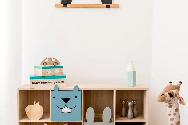 Stylish Scandinavian Child Room Wooden Cabinet Toys Boxes Plush Teddy — Stock Photo, Image