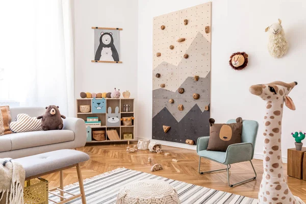 Design Intérieur Scandinave Élégant Chambre Enfant Avec Canapé Gris Mur — Photo