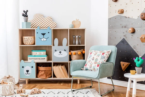 Stylish Scandinavian Interior Design Childroom Gray Sofa Modern Climbing Wall — Stock Photo, Image