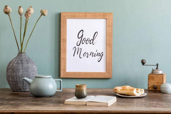 Interieur Van Eetkamer Met Model Poster Frame Keuken Accessoires Bloemen — Stockfoto