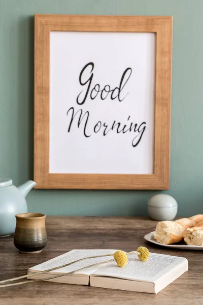 Design Interiores Espaço Cozinha Com Mesa Madeira Marrom Simular Quadro — Fotografia de Stock